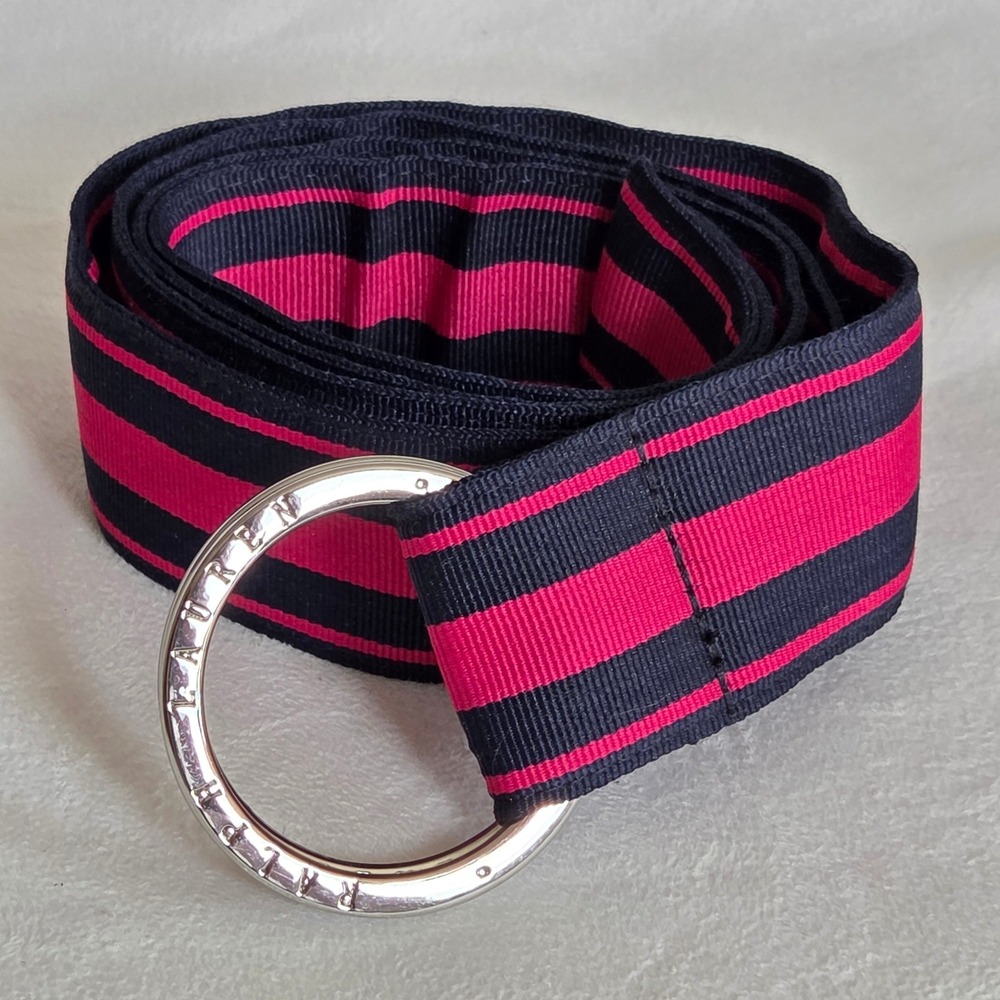 Lauren Ralph Lauren D-Ring Belt Navy Pink Striped Grosgrain Preppy Coastal Money